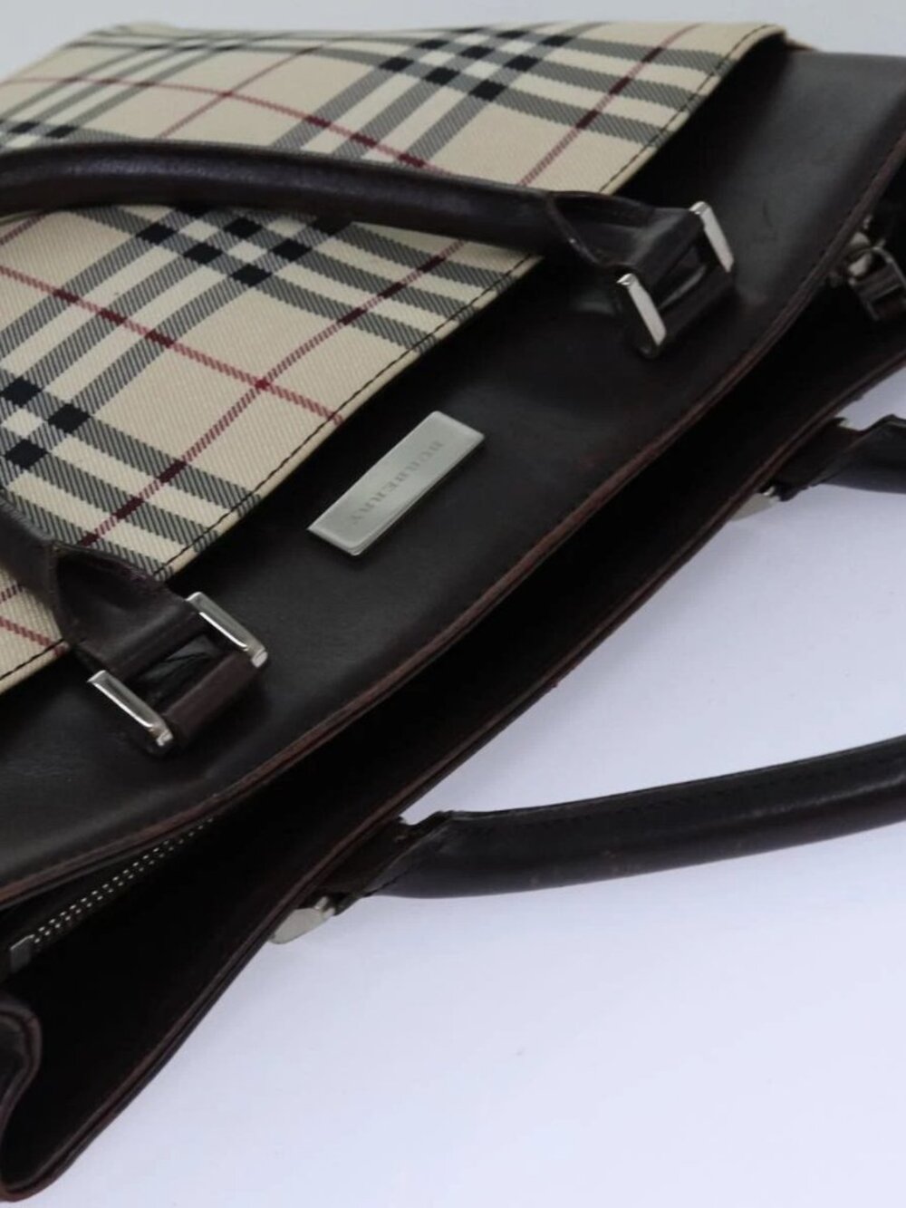 BURBERRY Nova Check Hand Bag Nylon Beige Silver Auth 85862 - Picture 7 of 16